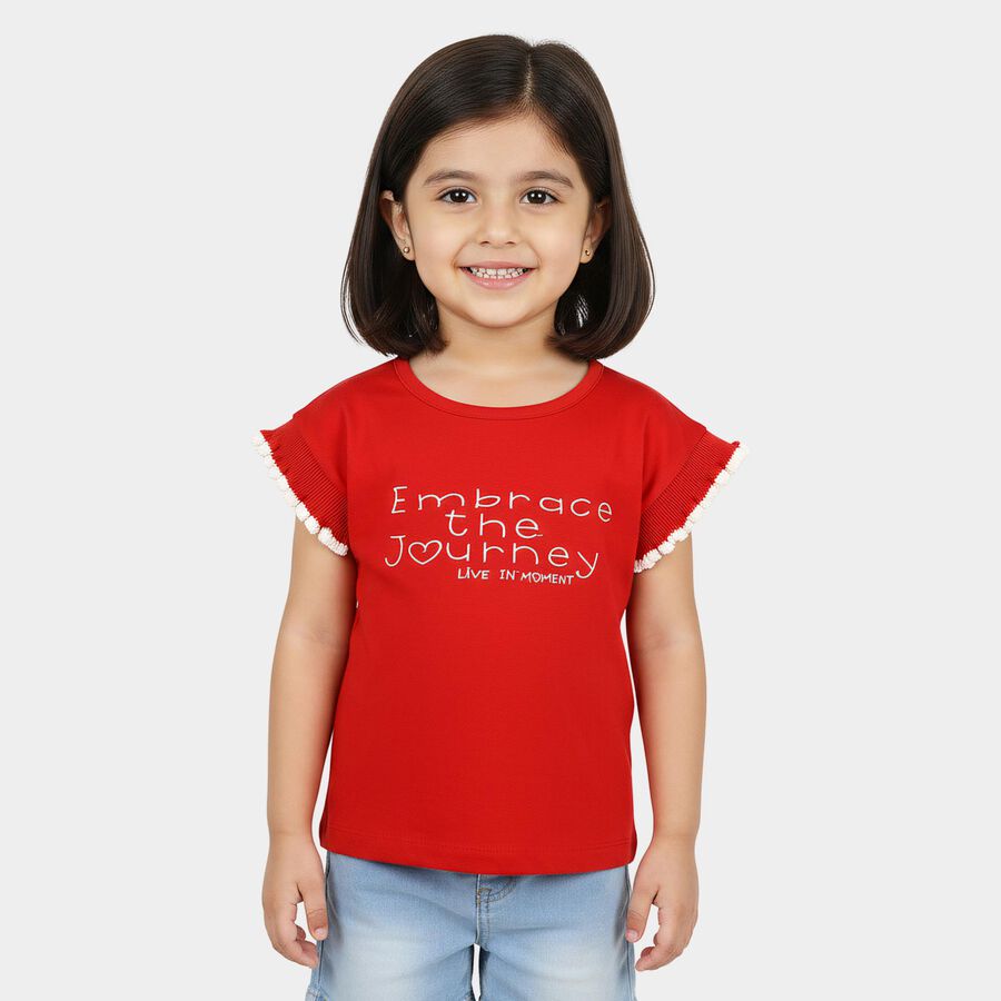 Girls Red Cotton Round Neck Casual T-Shirt, Red, large