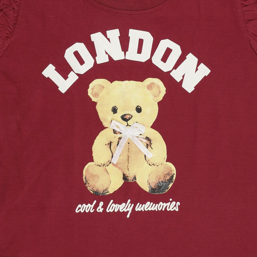 Girls' Maroon Cotton Round Neck Casual T-Shirt, वाइन, large