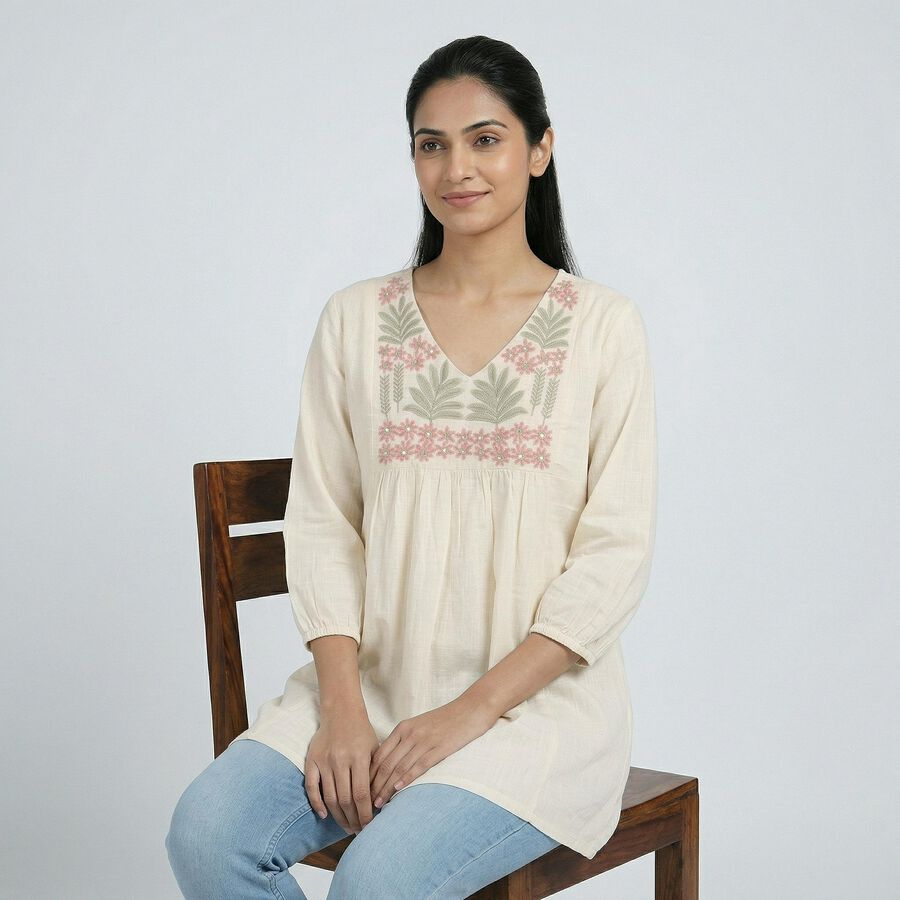 Women's Off-White Cotton Round Neck Solid Kurti, ऑफ व्हाइट, large