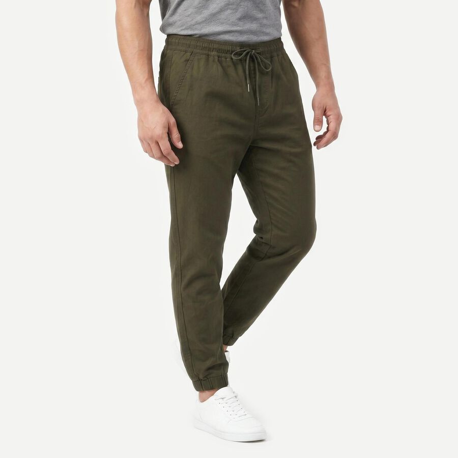 Men's Olive Green Slim Fit Jogger Trousers, ओलिव, large