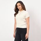 Women's White Cotton Round Neck Ruffle Sleeve Top, Off White, small