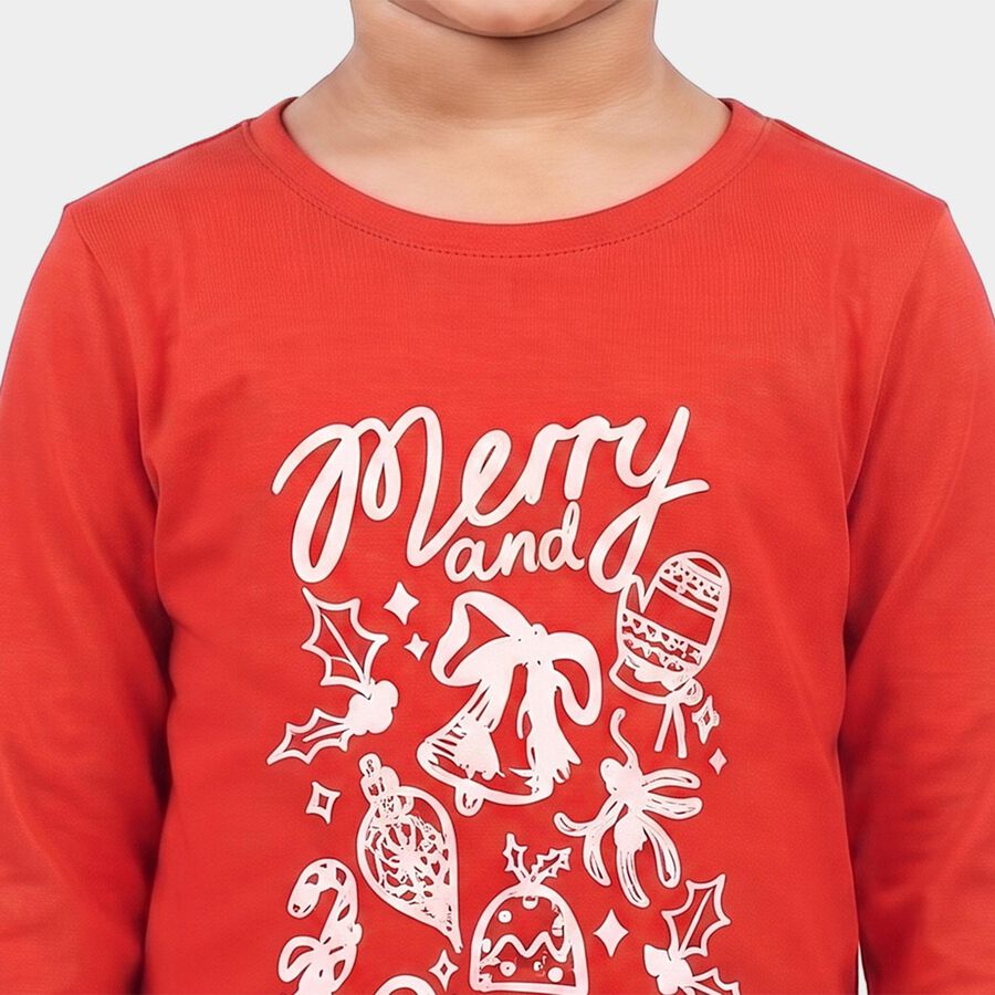 Girls Red Round Neck Regular Top, Red, large