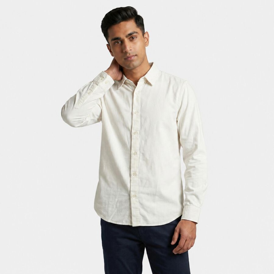 Men's Cream Cotton Spread Collar Regular Fit Casual Shirt, ऑफ व्हाइट, large