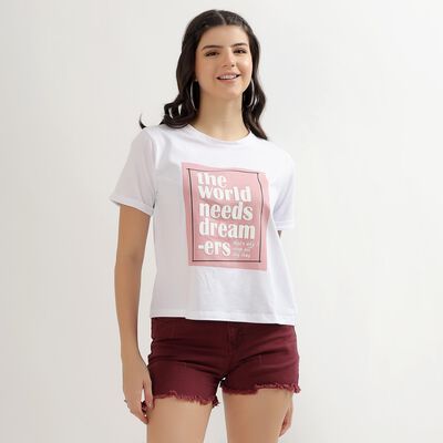 Women's Bright White Cotton Round Neck Printed T-Shirt