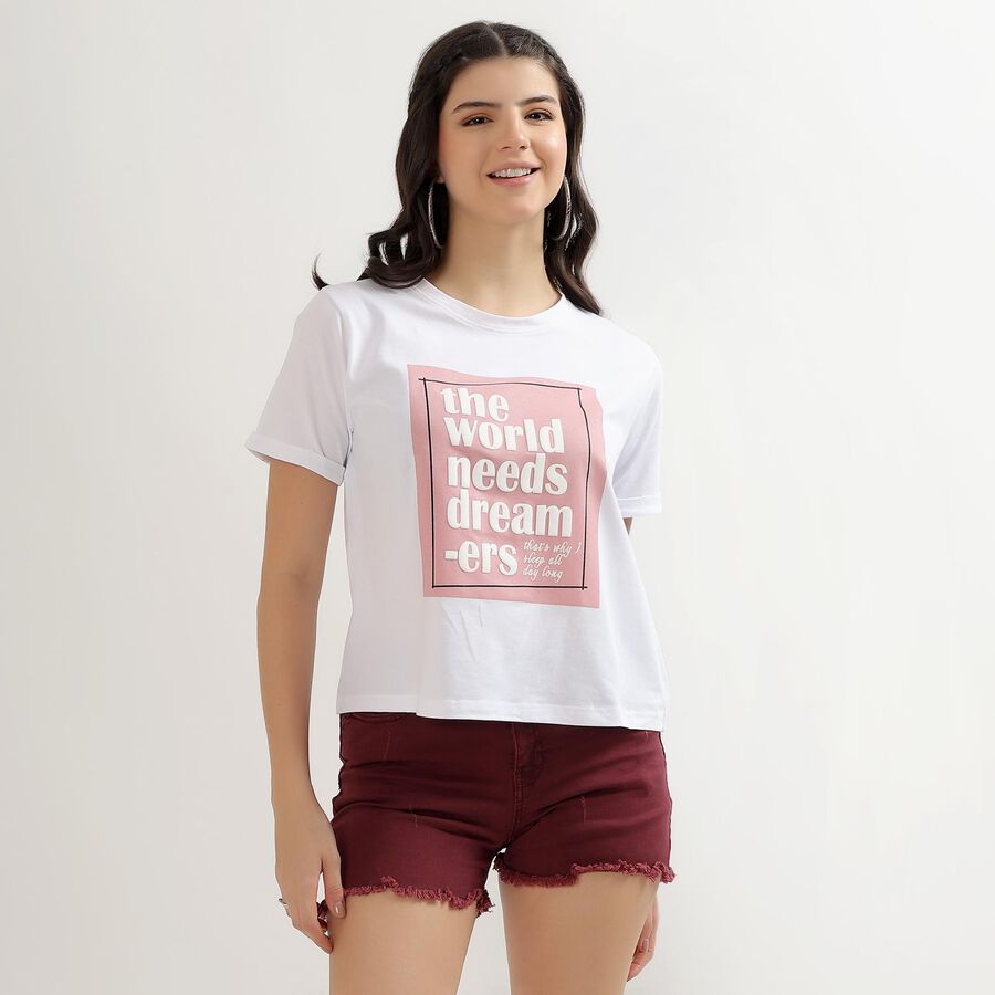 Women's Bright White Cotton Round Neck Printed T-Shirt, White, large image number null
