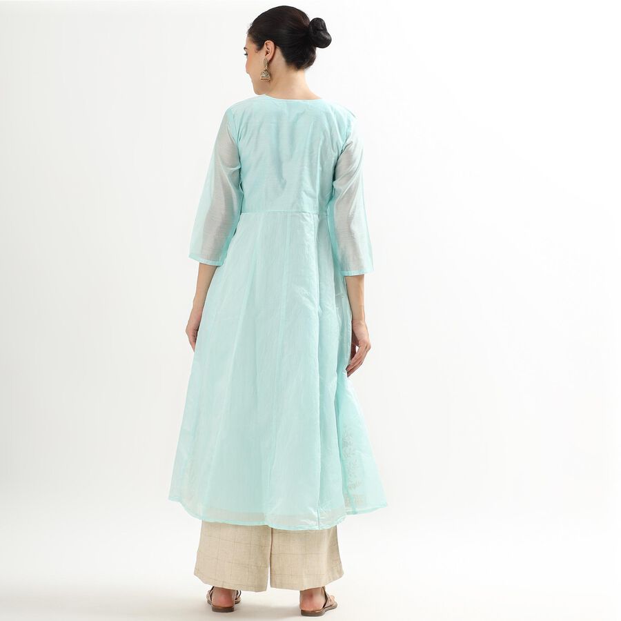 Ladies' Light Aqua Blue Round Neck Embroidered Flared Kurta, Aqua, large image number null