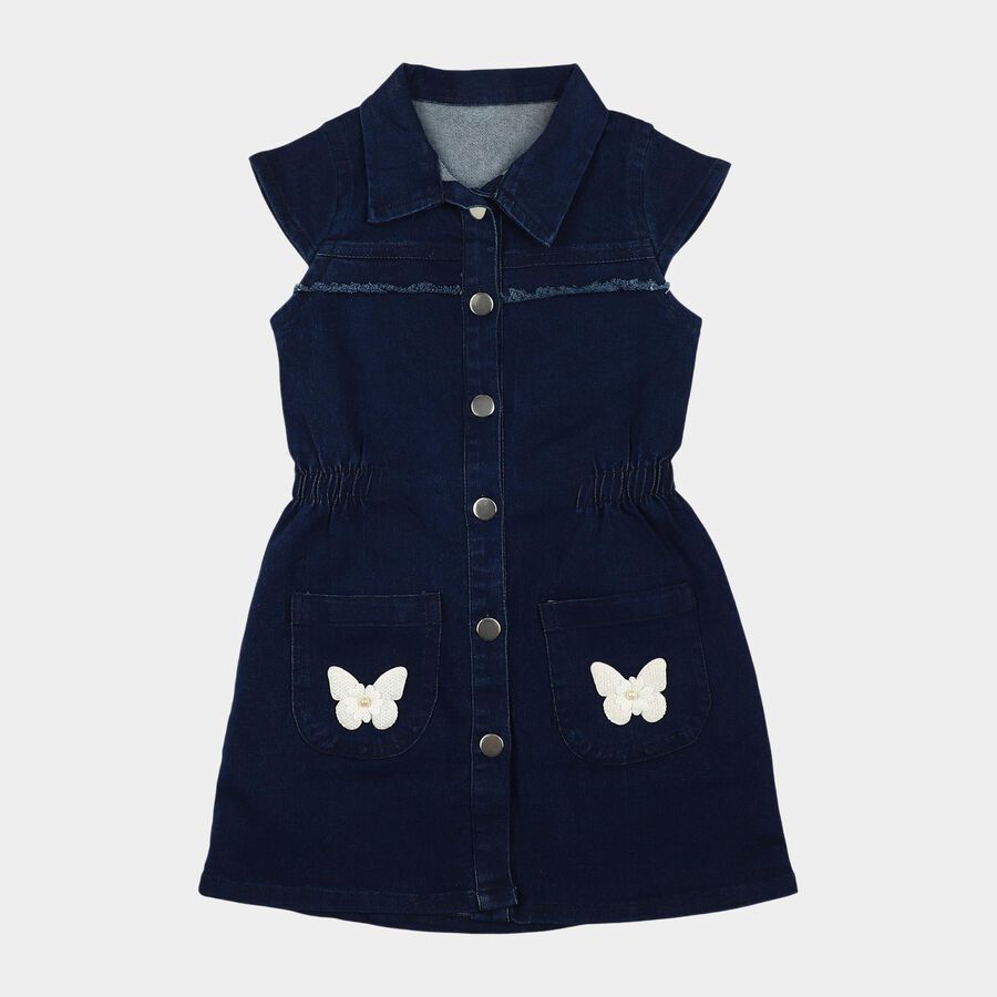 Girls' Navy Blue A-Line Butterfly Applique Button-Front Frock, Dark Blue, large