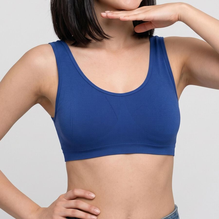 Women's Blue Scoop Neck Sports Bra, Mid Blue, large