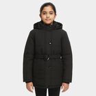Girls' Jet Black Hooded Casual Jacket, Black, small image number null