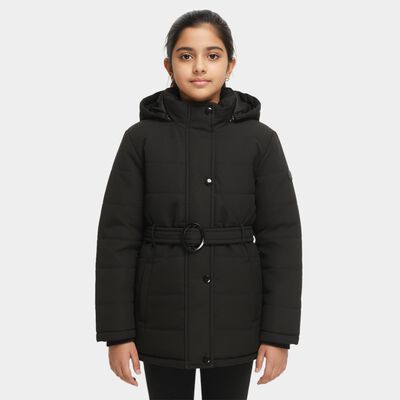 Girls' Jet Black Hooded Casual Jacket
