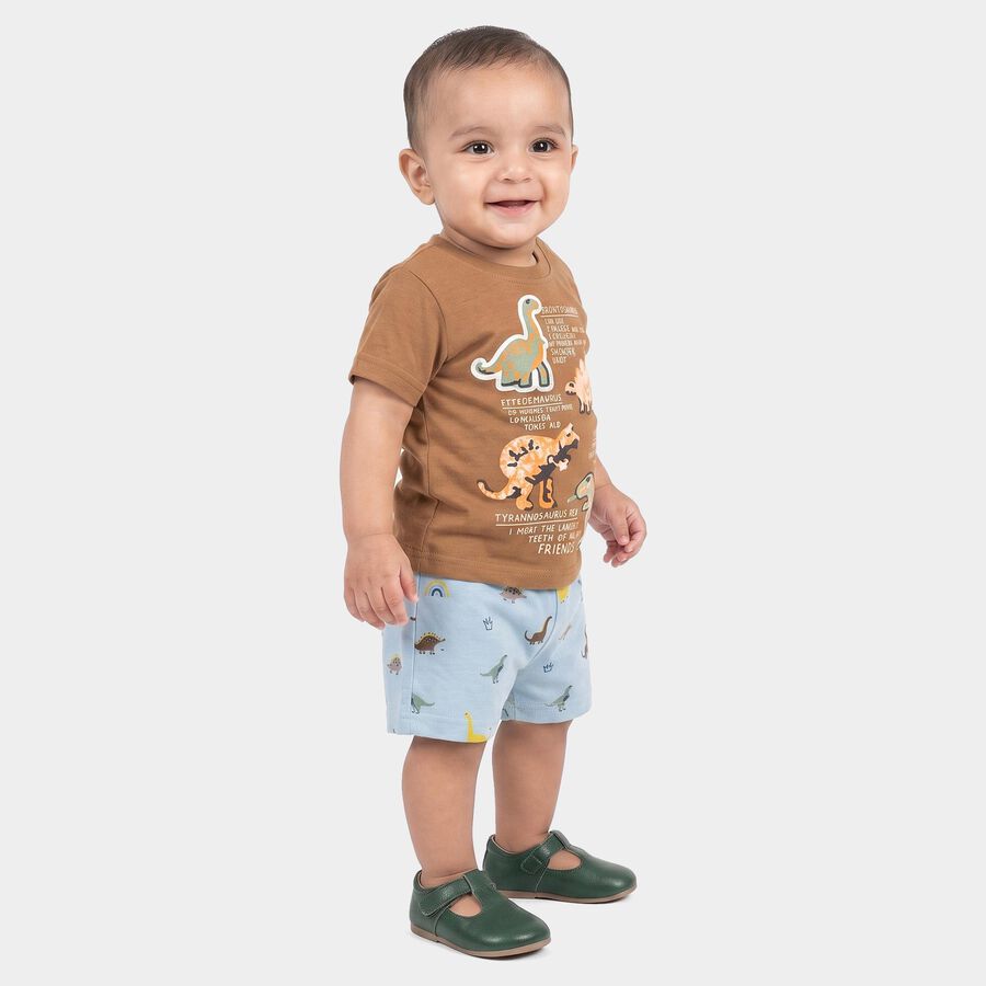 Infants' Beige 100% Cotton Round Neck Dinosaur Graphic Print Baba Suit, Beige, large