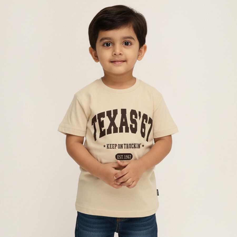 Boys' Light Beige Crew Neck Casual T-Shirt, गहरा पीला, large image number null