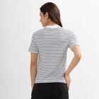 Ladies' Eggshell White Cotton Round Neck Striped T-Shirt, सफ़ेद, small image number null