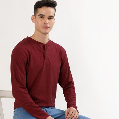 Men's Deep Maroon Henley Neck Casual T-Shirt