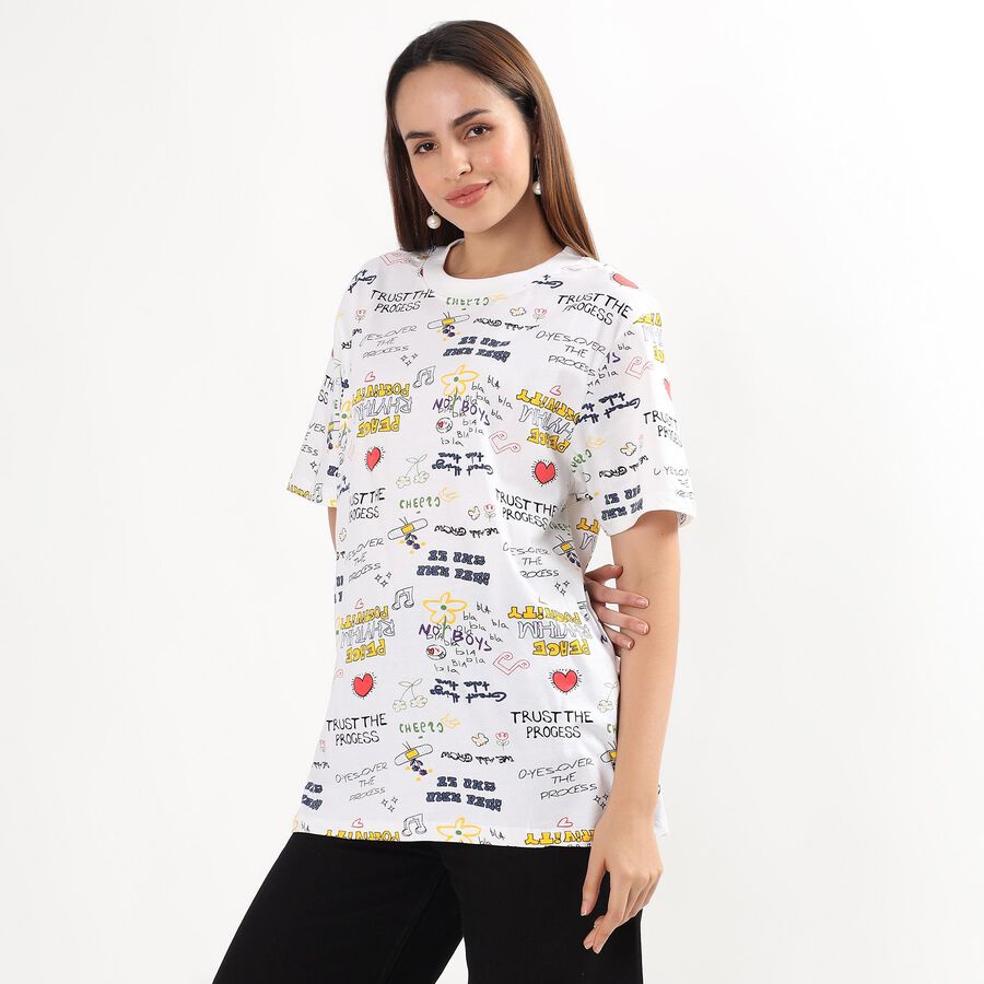 Women's White Cotton Round Neck Casual Printed T-Shirt, सफ़ेद, large image number null