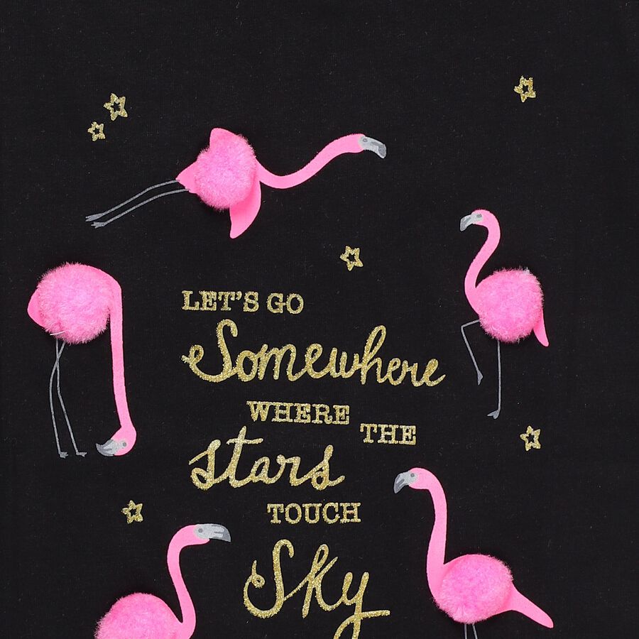Girls' Black Cotton Round Neck Flamingo Printed Ruffle Sleeve T-Shirt, Black, large
