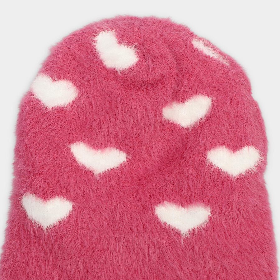 Girls' Pink Heart Pattern Fuzzy Beanie Cap, Pink, large