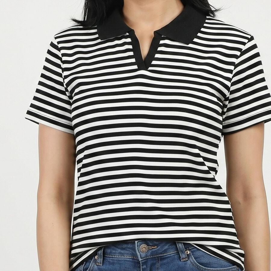 Women's Black Polo Neck Striped Polo T-Shirt, Black, large