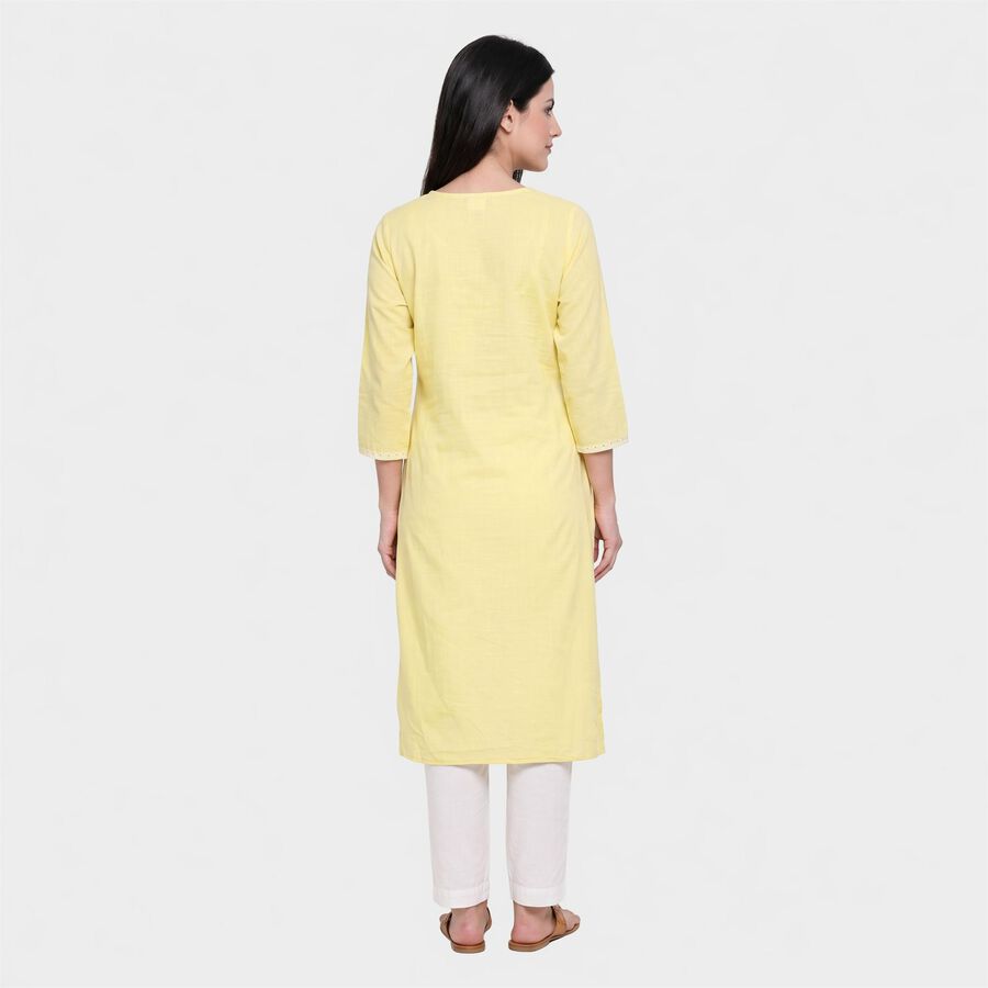Women's Yellow Round Neck Embroidered Kurta, Yellow, large