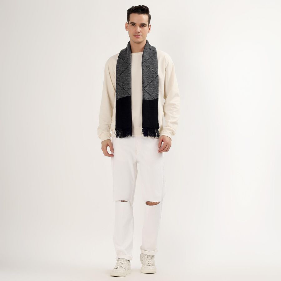 Men's Dark Charcoal Black Acrylic Geometric Muffler, Black, large image number null