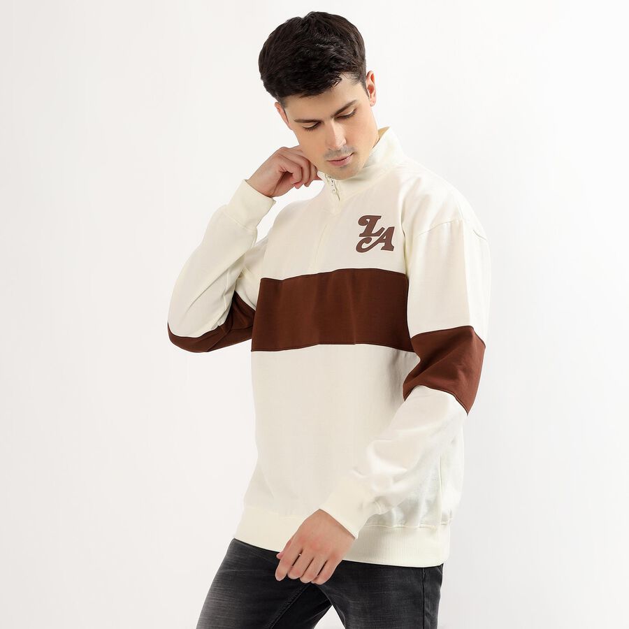 Men's Cream and Brown Half Zip Casual Sweatshirt, Brown, large image number null