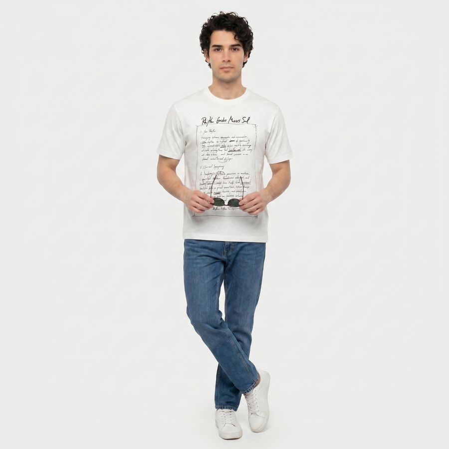 Men's White Cotton Round Neck Regular T-Shirt, White, large