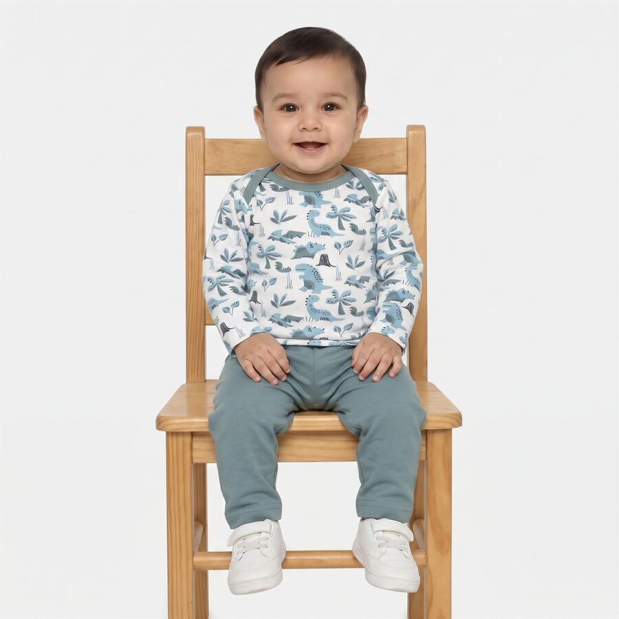 Infants' Light Blue 100% Cotton Round Neck Printed Baba Suit, टील ब्लू, large