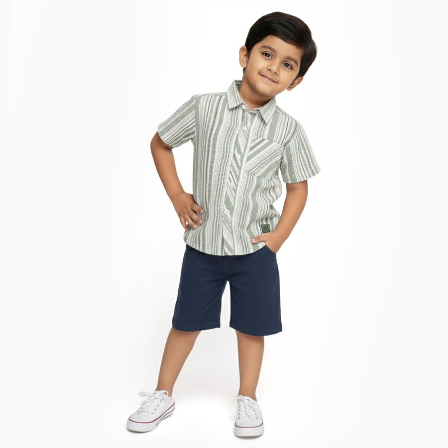Boys Light Sage Green Striped Half Sleeve Classic Casual Shirt, Light Green, large image number null