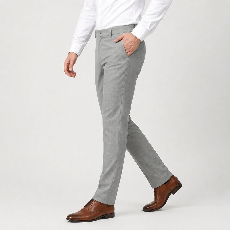 Men's Grey Slim Fit Flat-Front Formal Trousers, Light Grey, large