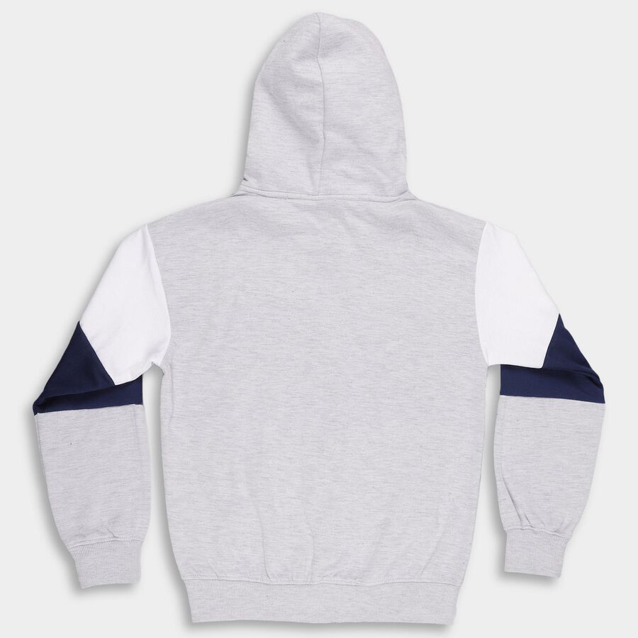 Boys' Light Grey and Navy Blue Hooded Graphic Sweatshirt, एक्रू मिश्रित, large image number null