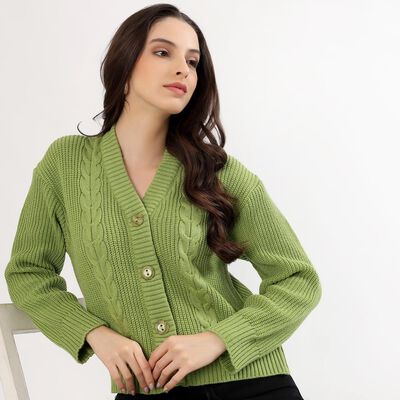 Women's Light Sage Green V-Neck Casual Cardigan