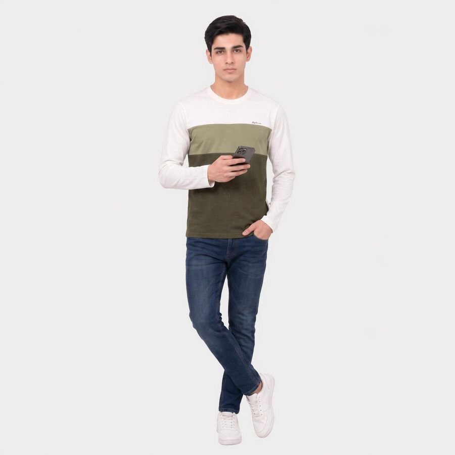 Men Olive Green Crew Neck Colorblocked T-Shirt, हल्का हरा, large