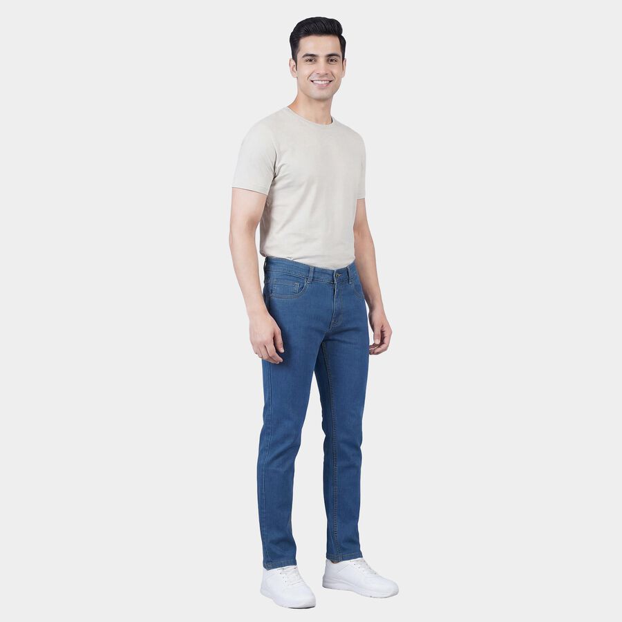 Men's Navy Blue Slim Fit Washed Jeans, मध्यम नीला, large