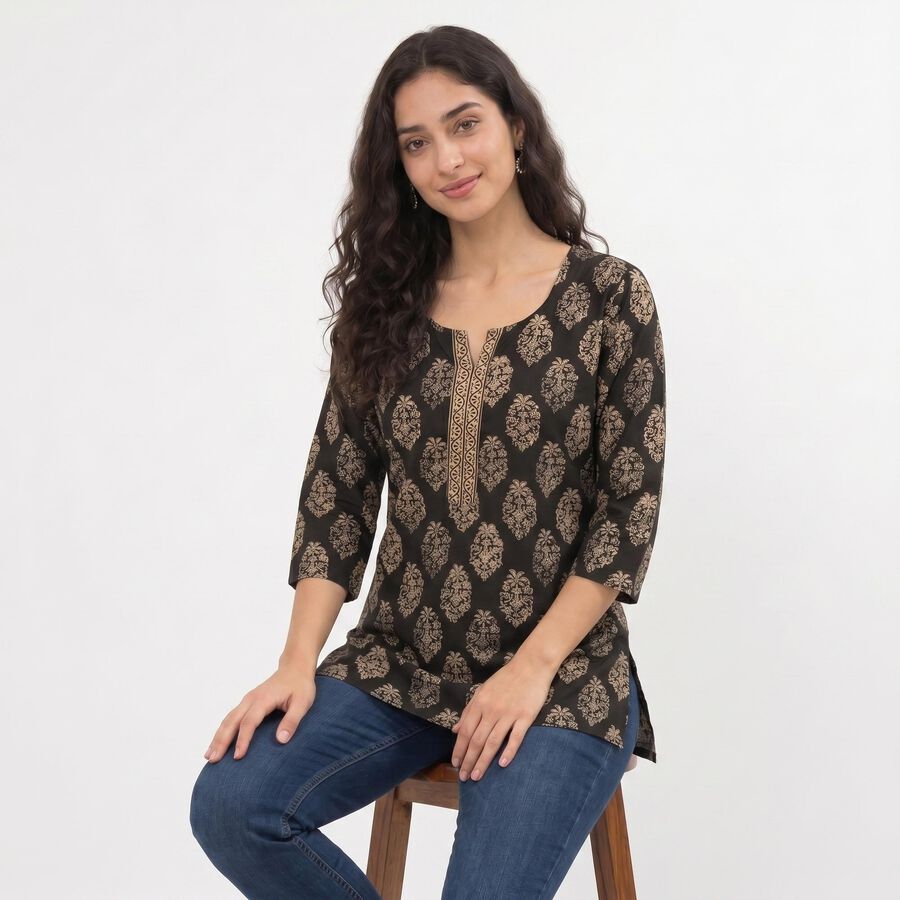 Women's Black Round Neck Printed Straight Kurti, Black, large
