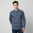 Men's Navy Blue Cotton Mandarin Collar Floral Printed Kurta, गहरा नीला, small
