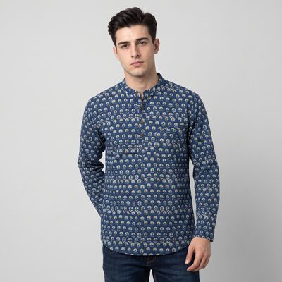 Men's Navy Blue Cotton Mandarin Collar Floral Printed Kurta