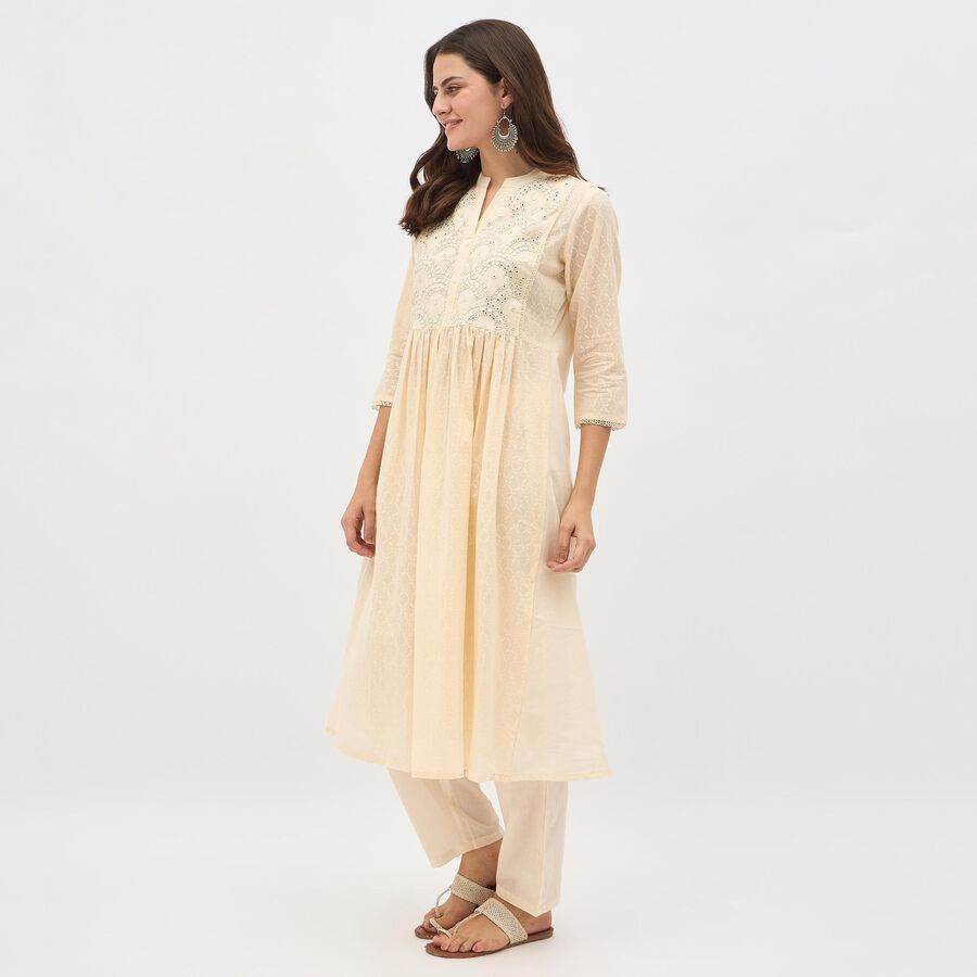 Women's White Cotton Embroidered Ethnic Set, Off White, large image number null