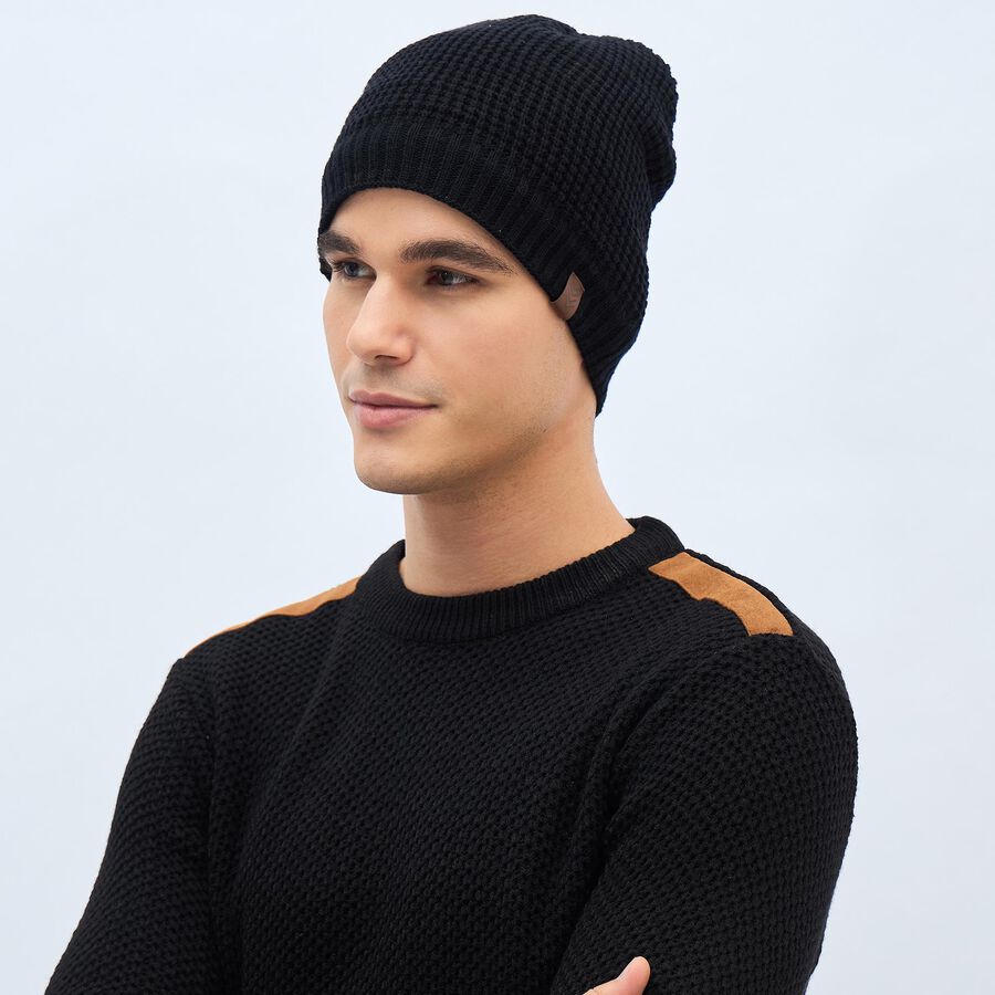 Men's Jet Black Knitted Beanie Cap, काला, large image number null