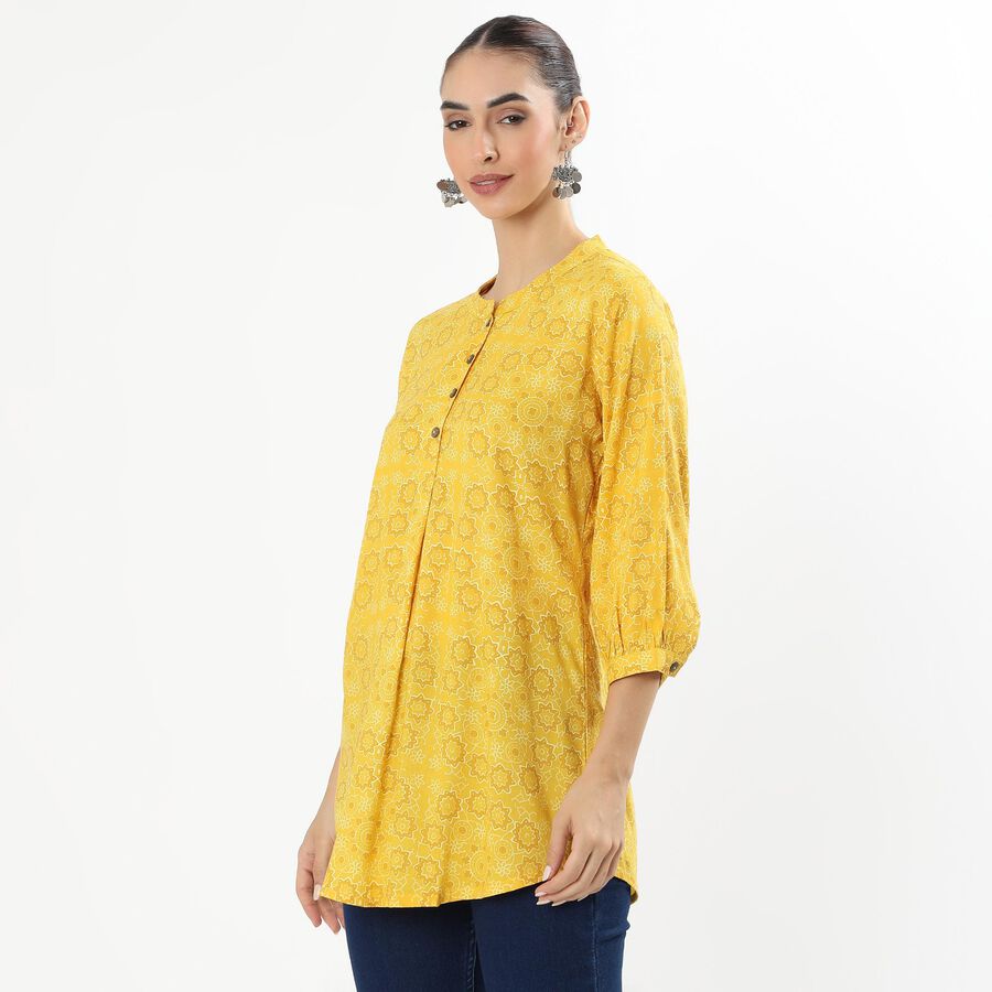 Women's Bright Mustard Yellow Round Neck Floral Printed Kurti, Yellow, large