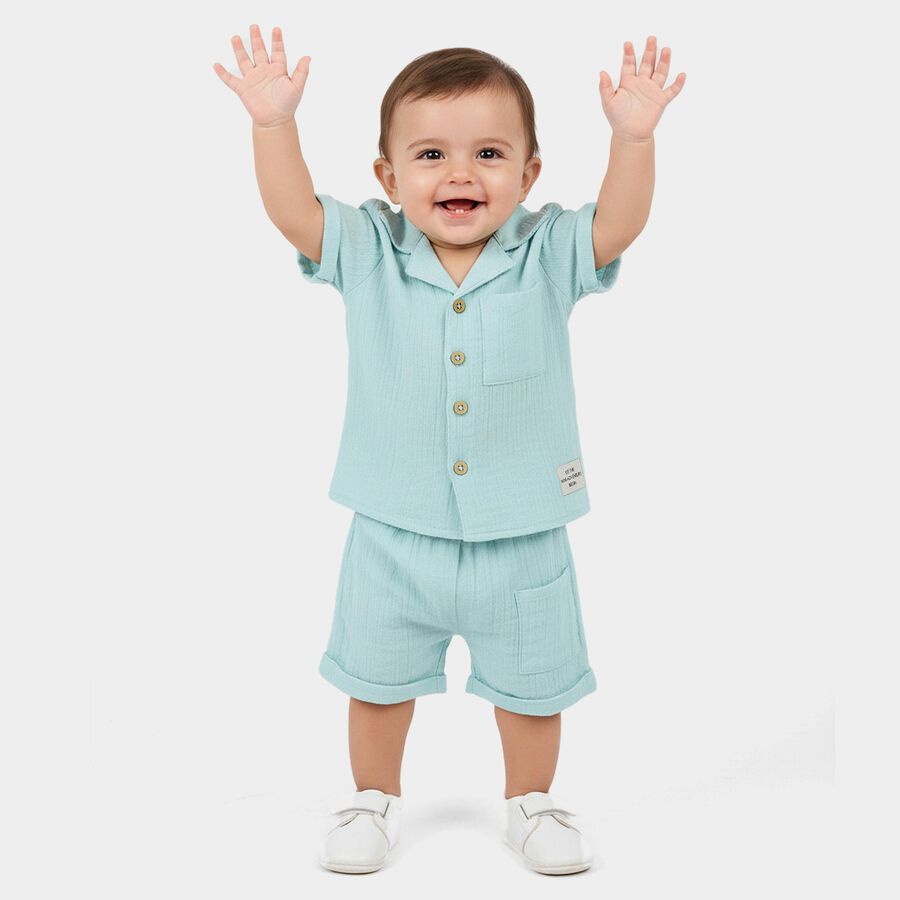 Infants' Aqua Cotton Collared Textured Baba Suit, एक्वा, large
