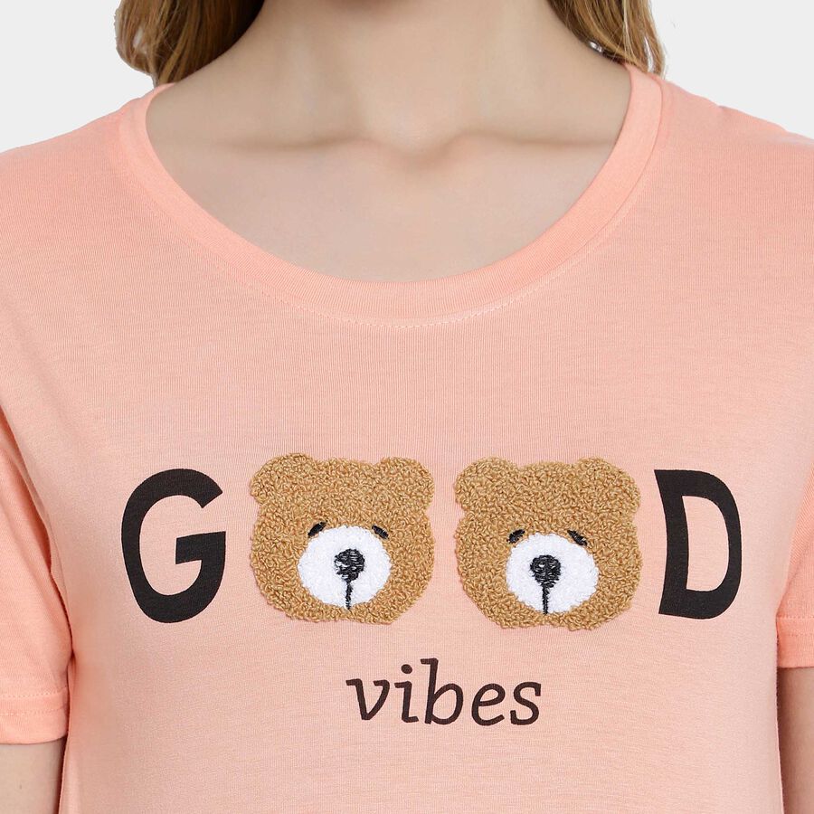 Embellished Round Neck T-Shirt, Peach, large image number null
