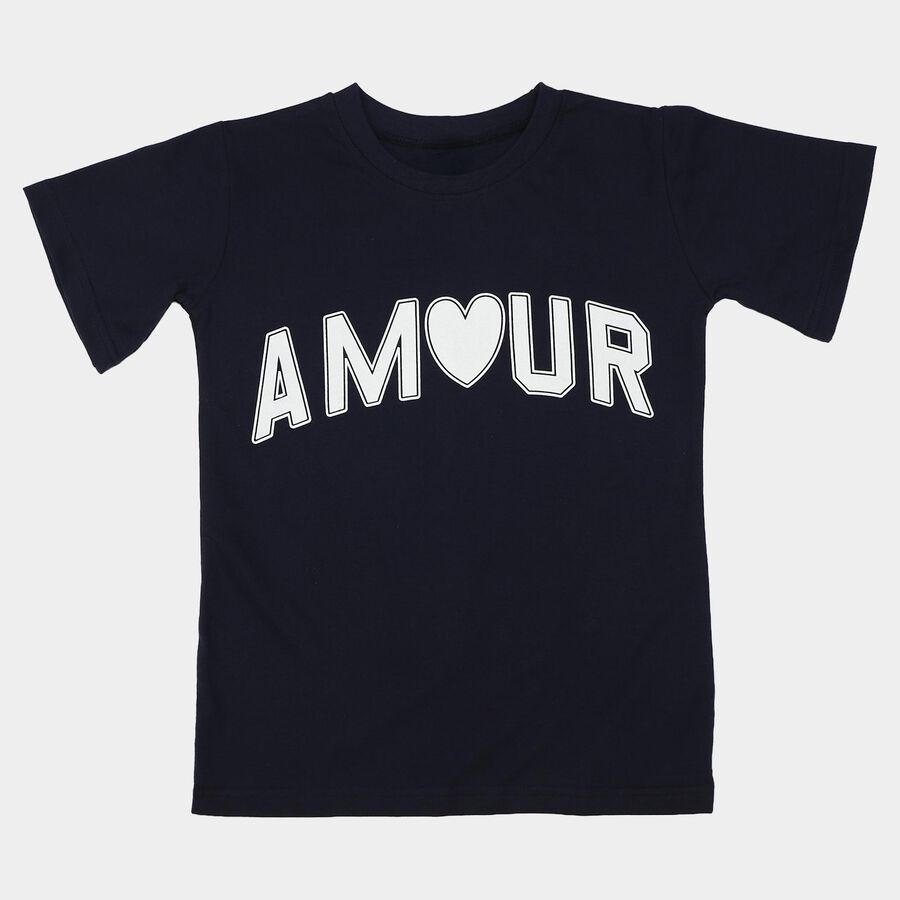 Girls Navy Blue Round Neck Regular T-Shirt, नेवी ब्लू, large
