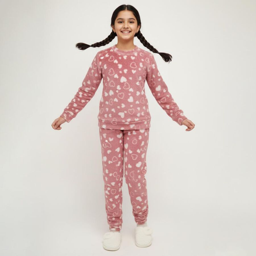 Girls' Dusty Rose Heart Printed Fleece Winter Pyjama, Pink, large image number null