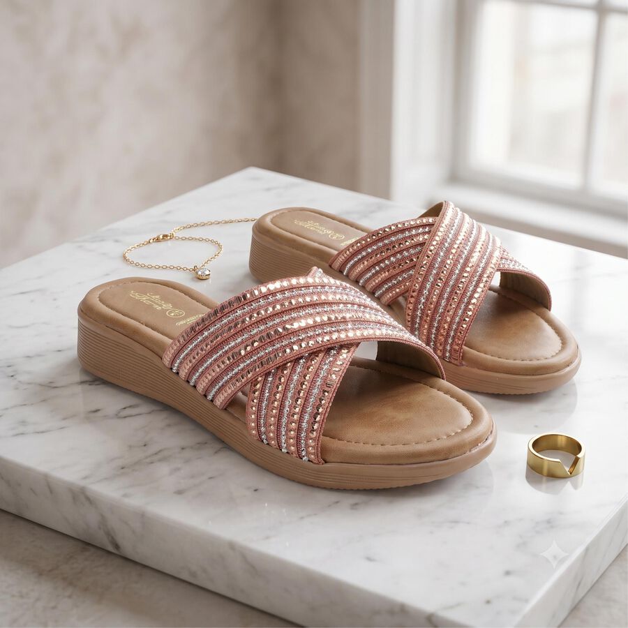 Women's Pink Embellished Slip-On Slide Sandals, Pink, large