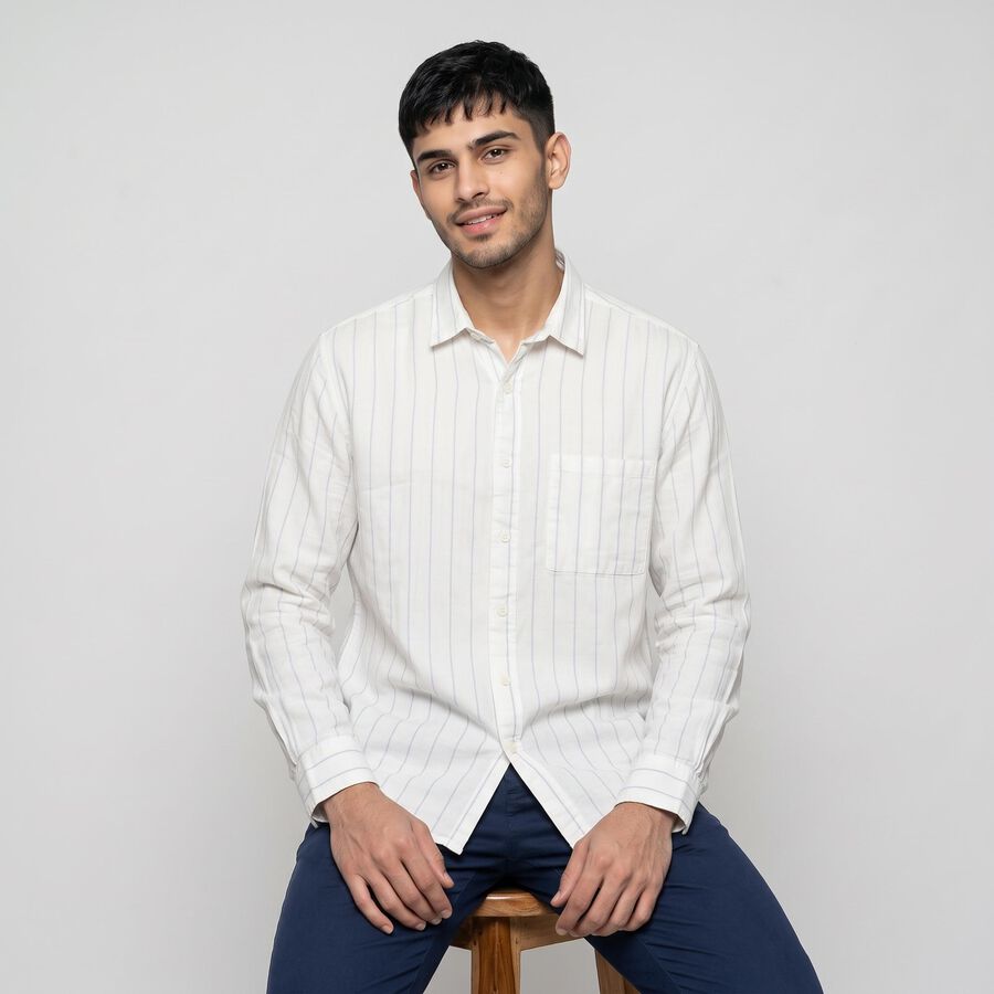 Men's White Cotton Striped Shirt, White, large