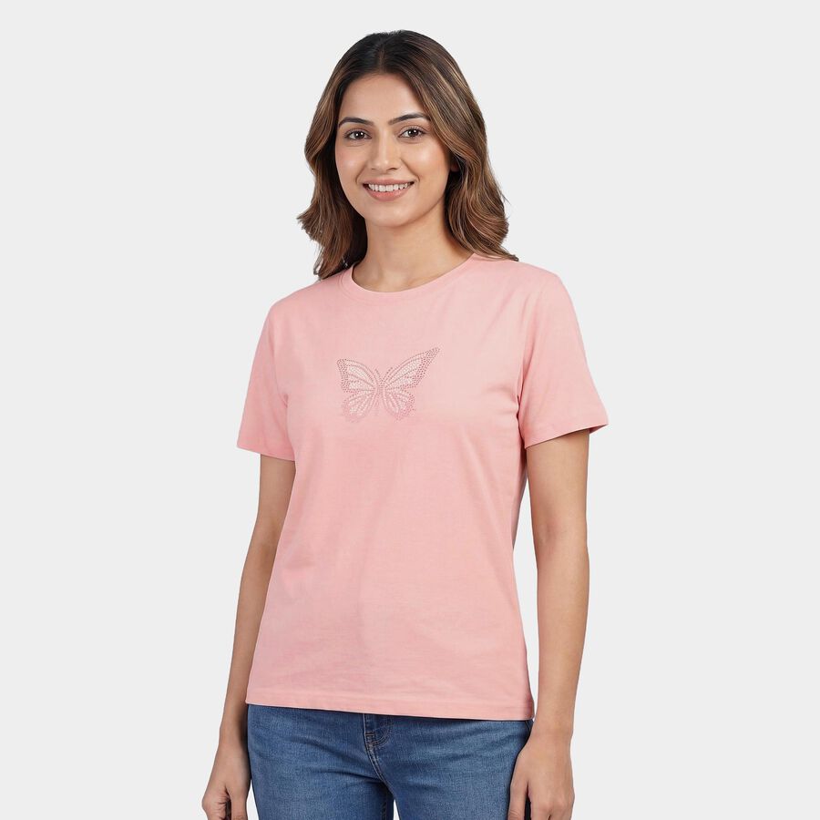 Women's Light Pink Round Neck Graphic Print T-Shirt, Light Pink, large