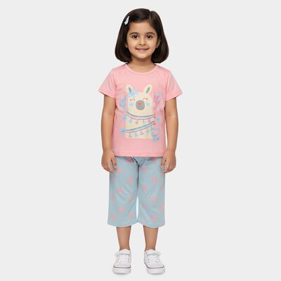 Girls Pink Round Neck Casual T shirt and Capri Set