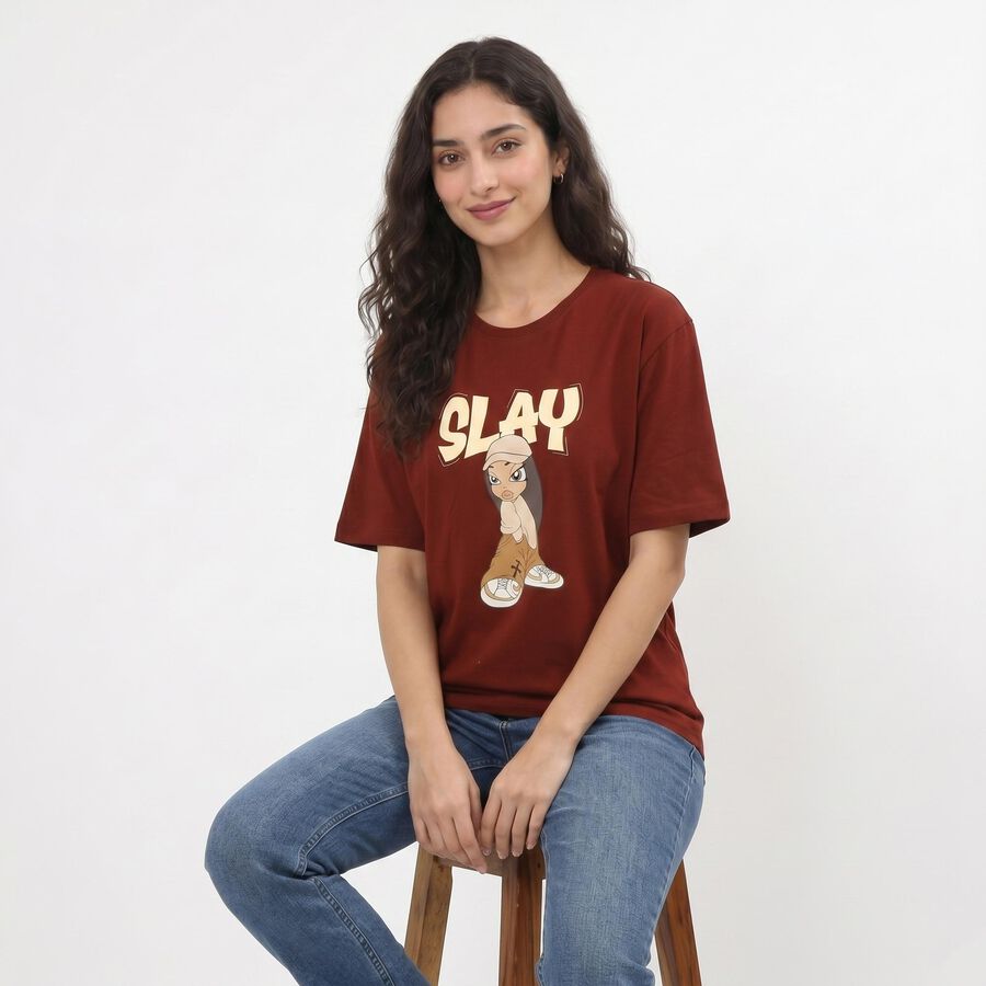 Women's Rust Cotton Round Neck Regular T-Shirt, रस्ट, large