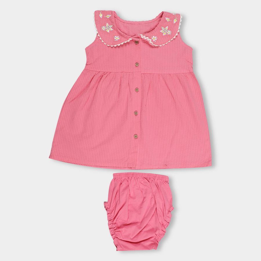 Infants' Bright Pink Embroidered Peter Pan Collar Sleeveless Frock, Pink, large