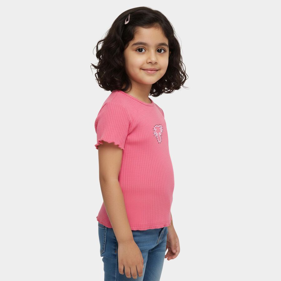 Girls Pink Cotton Round Neck Casual T-Shirt, गुलाबी, large